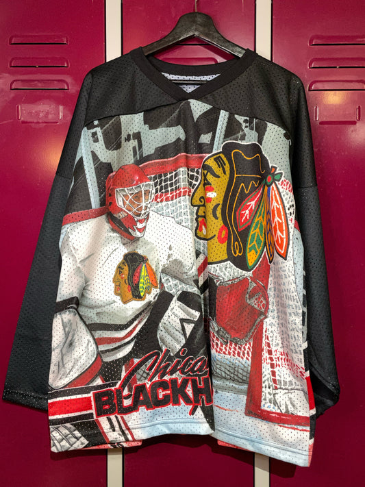 "DS" VINTAGE CCM CHICAGO BLACKHAWKS ALL OVER PRINT NHL HOCKEY JERSEY  SZ: L/XL