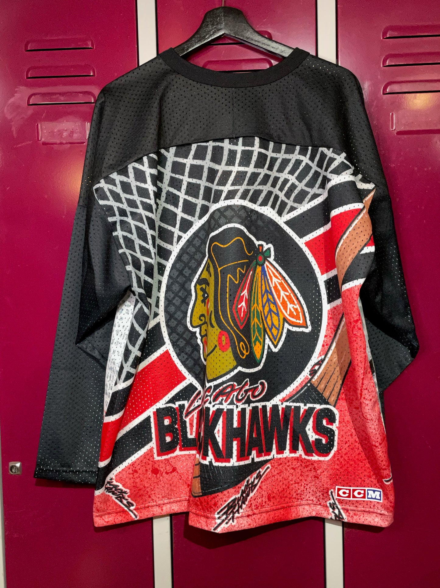 "DS" VINTAGE CCM CHICAGO BLACKHAWKS ALL OVER PRINT NHL HOCKEY JERSEY  SZ: L/XL