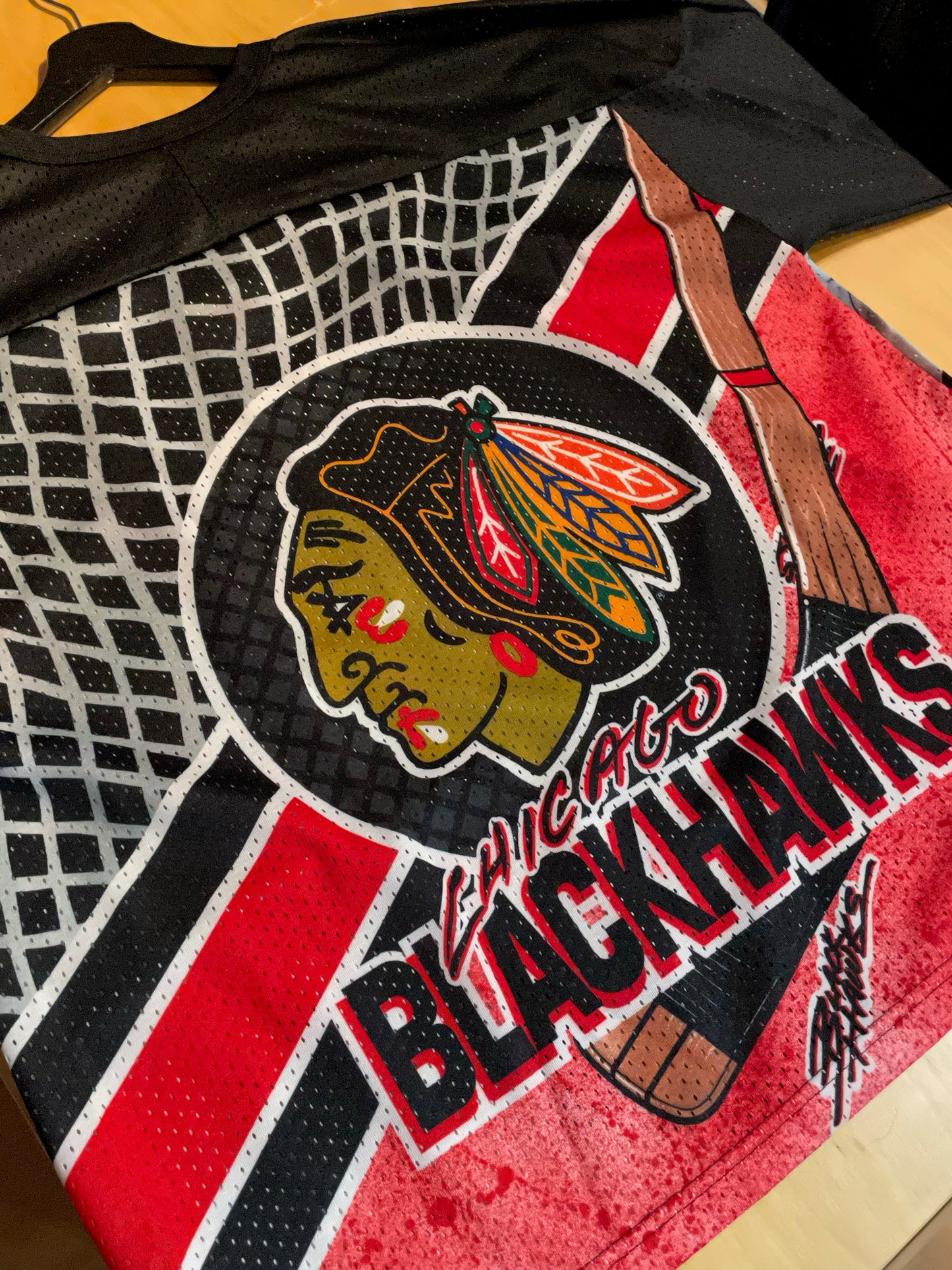 "DS" VINTAGE CCM CHICAGO BLACKHAWKS ALL OVER PRINT NHL HOCKEY JERSEY  SZ: L/XL