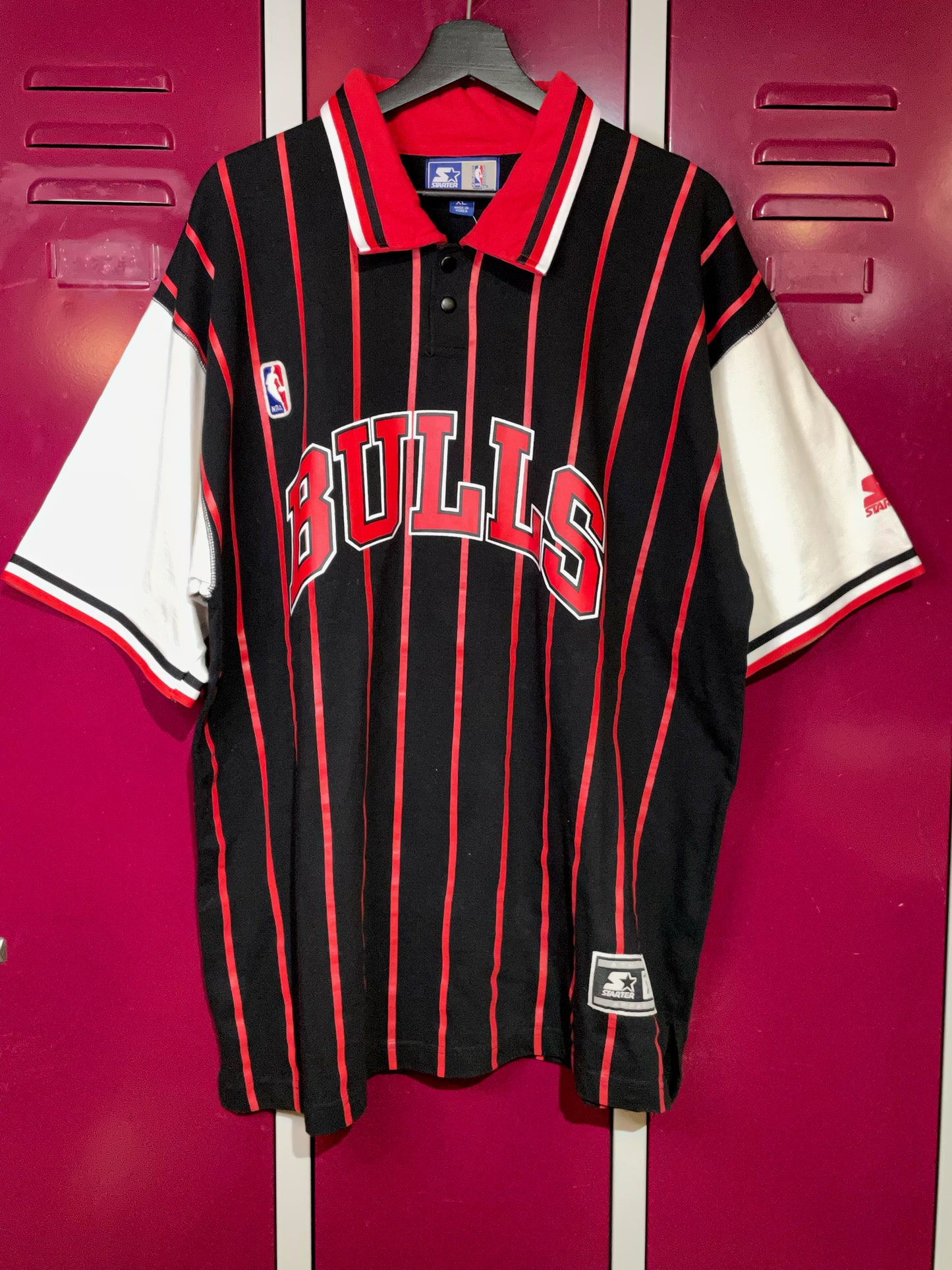 VINTAGE STARTER CHICAGO BULLS PINSTRIPE SHOOTING NBA WARMUP SHIRT SZ: XL