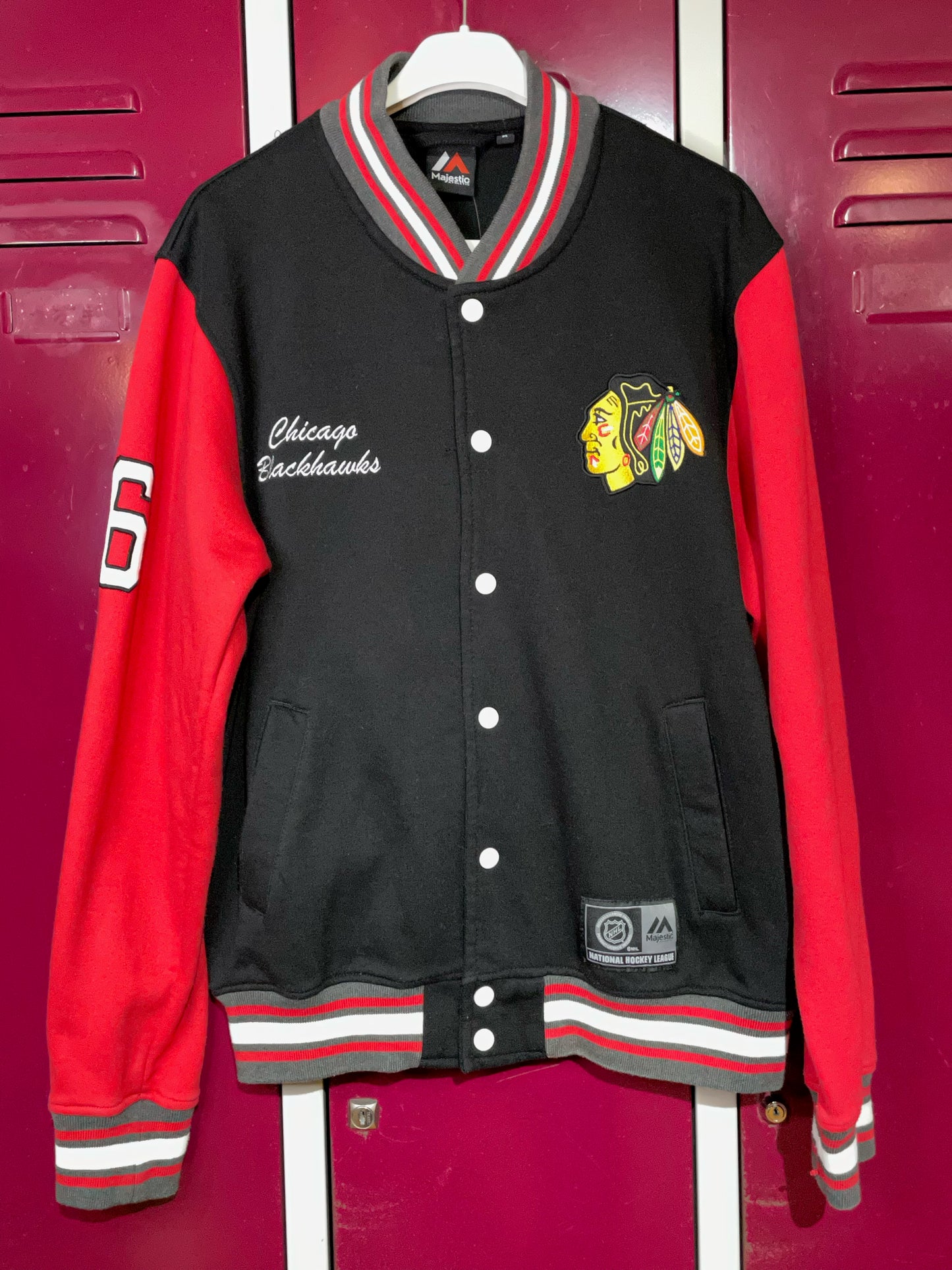 MAJESTIC CHICAGO BLACKHAWKS NHL BUTTON-UP BASEBALL JACKET SWEAT SZ: M