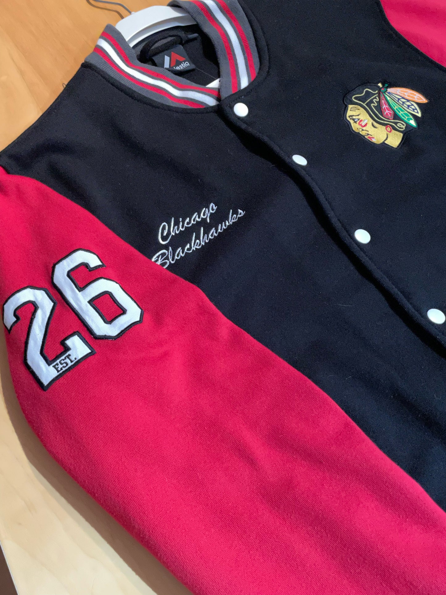 MAJESTIC CHICAGO BLACKHAWKS NHL BUTTON-UP BASEBALL JACKET SWEAT SZ: M