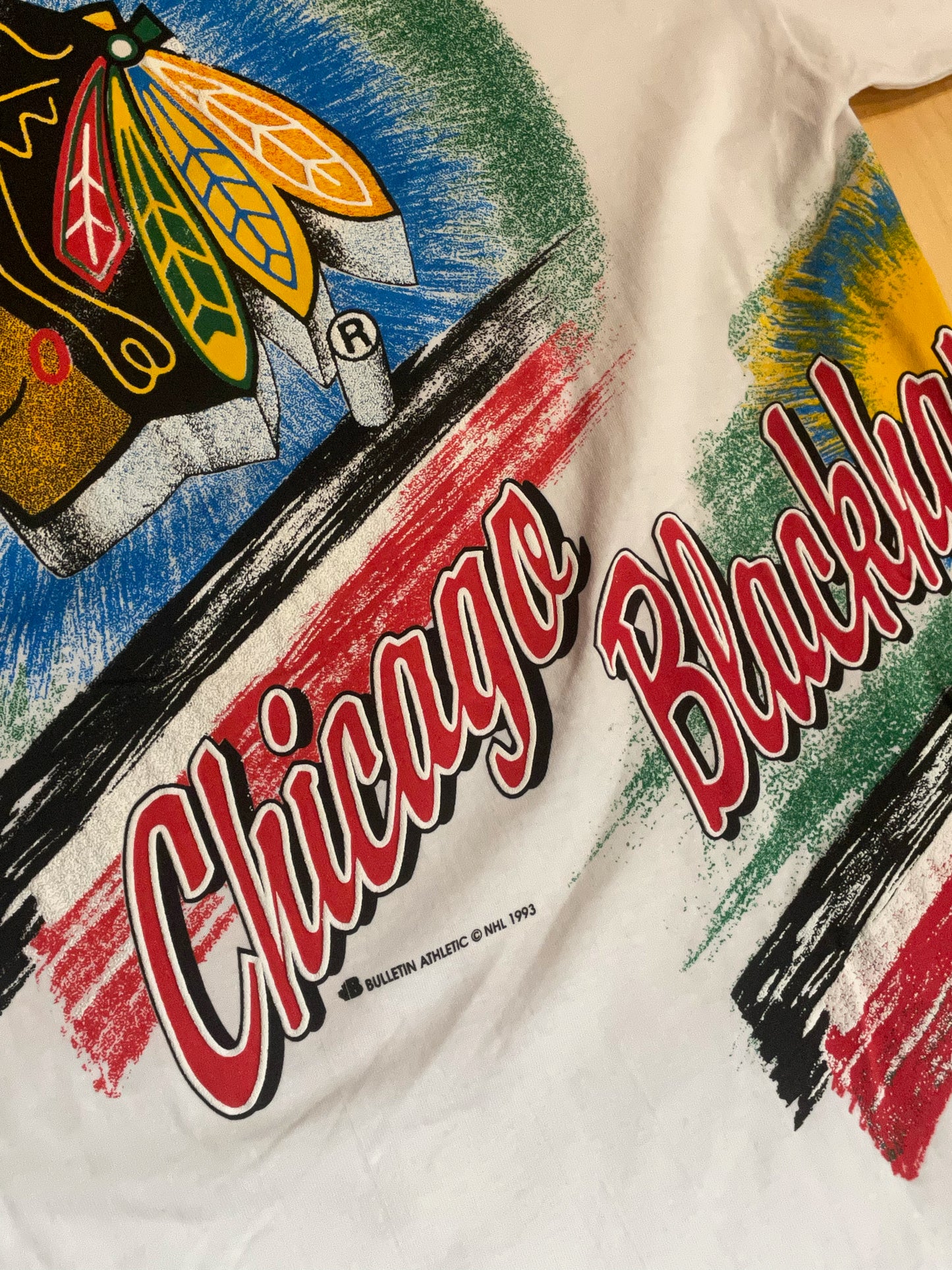 "DS" VINTAGE 1993 BULLETIN ATHLETIC CHICAGO BLACKHAWKS NHL T-SHIRT SZ: ONE SIZE