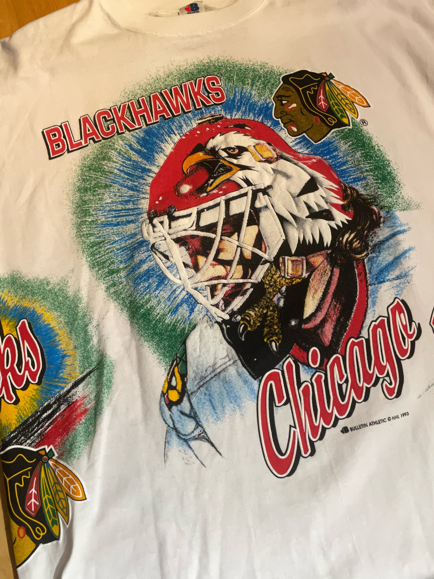 "DS" VINTAGE 1993 BULLETIN ATHLETIC CHICAGO BLACKHAWKS NHL T-SHIRT SZ: ONE SIZE