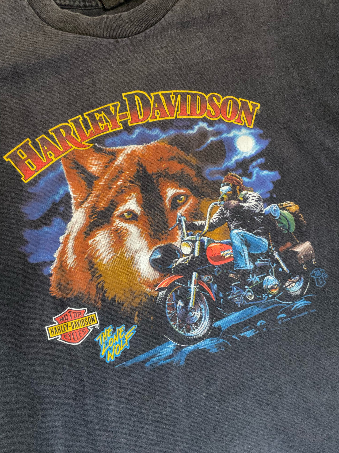 VINTAGE 1989 THE LONE WOLF HARLEY DAVIDSON MOTOR CYCLES T-SHIRT SZ: XL