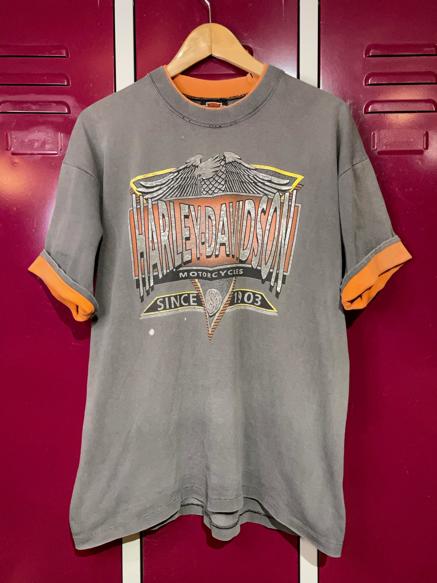 VINTAGE 90S COLLAR & SLEEVES LINING HARLEY DAVIDSON MOTORCYCLES T-SHIRT  SZ: XL