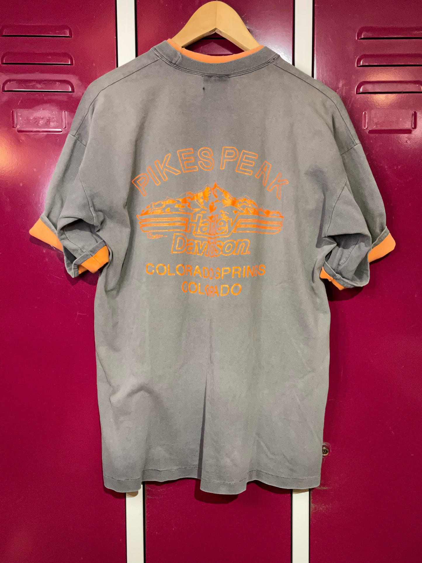 VINTAGE 90S COLLAR & SLEEVES LINING HARLEY DAVIDSON MOTORCYCLES T-SHIRT  SZ: XL