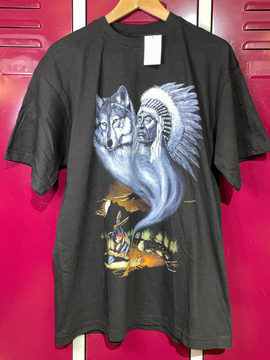 VINTAGE NATIVE AMERICAN WOLF & INDIAN CHIEF T-SHIRT  SZ: XL
