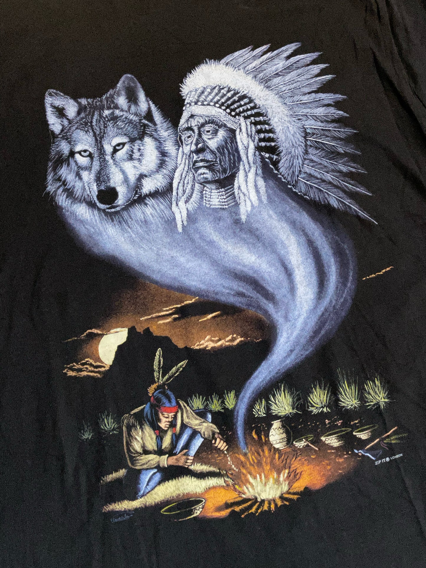 VINTAGE NATIVE AMERICAN WOLF & INDIAN CHIEF T-SHIRT SZ: XL