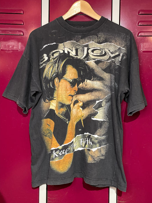 VINTAGE BON JOVI "KEEP THE FAITH" DOUBLE SIDED MUSIC BAND T-SHIRT  SZ: L