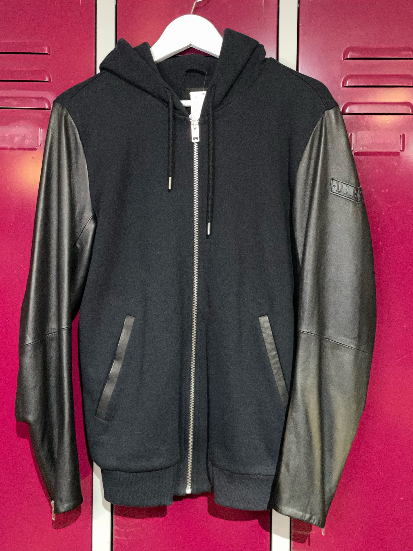 DIESEL LEATHER SLEEVES HOODIE ZIP UP SZ: S