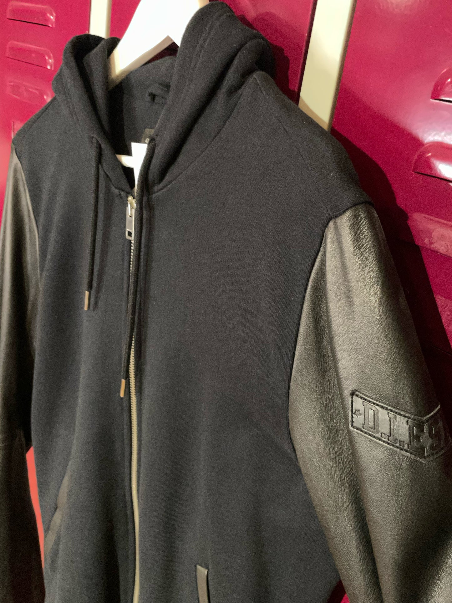 DIESEL LEATHER SLEEVES HOODIE ZIP UP SZ: S