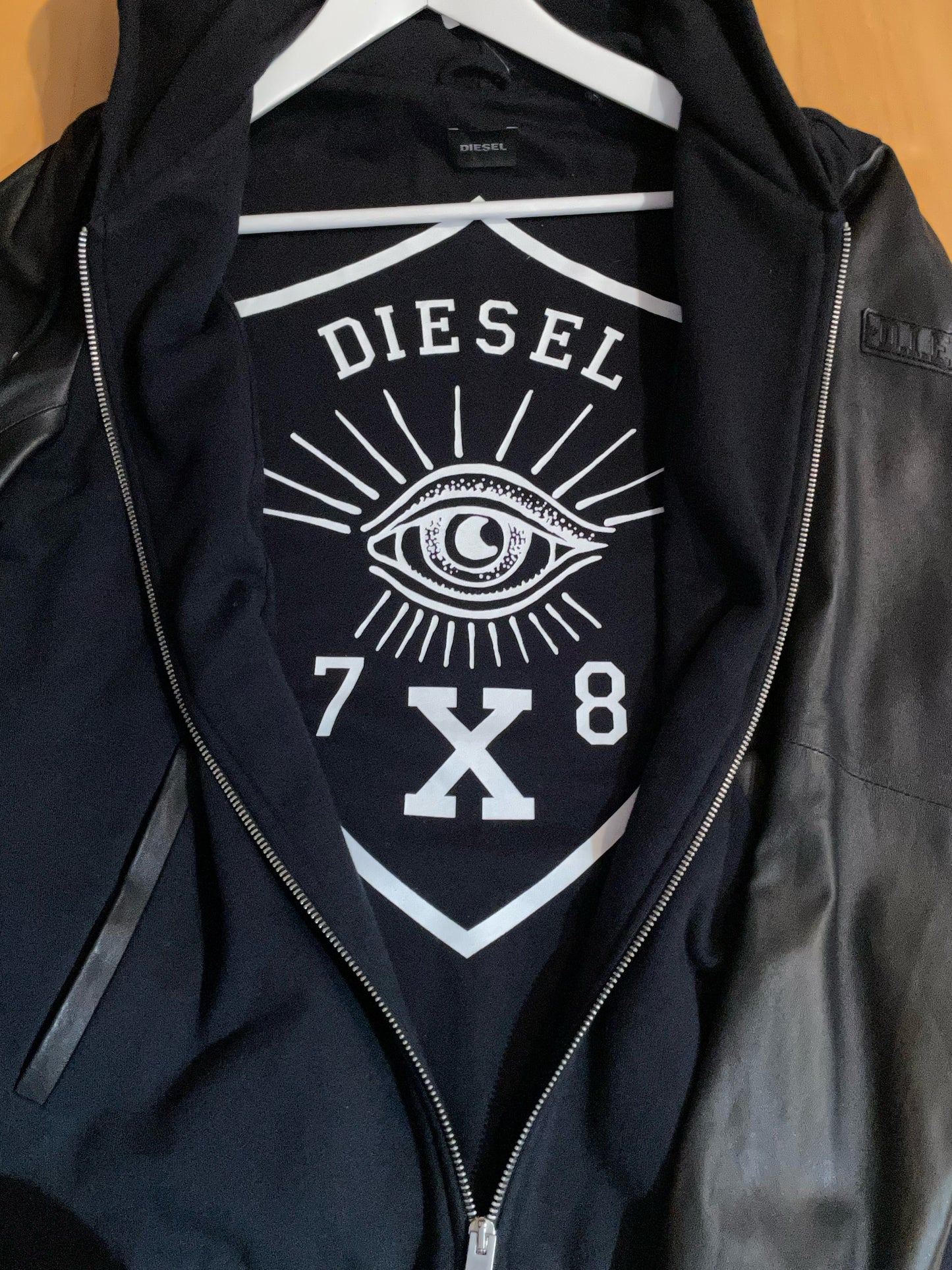 DIESEL LEATHER SLEEVES HOODIE ZIP UP SZ: S