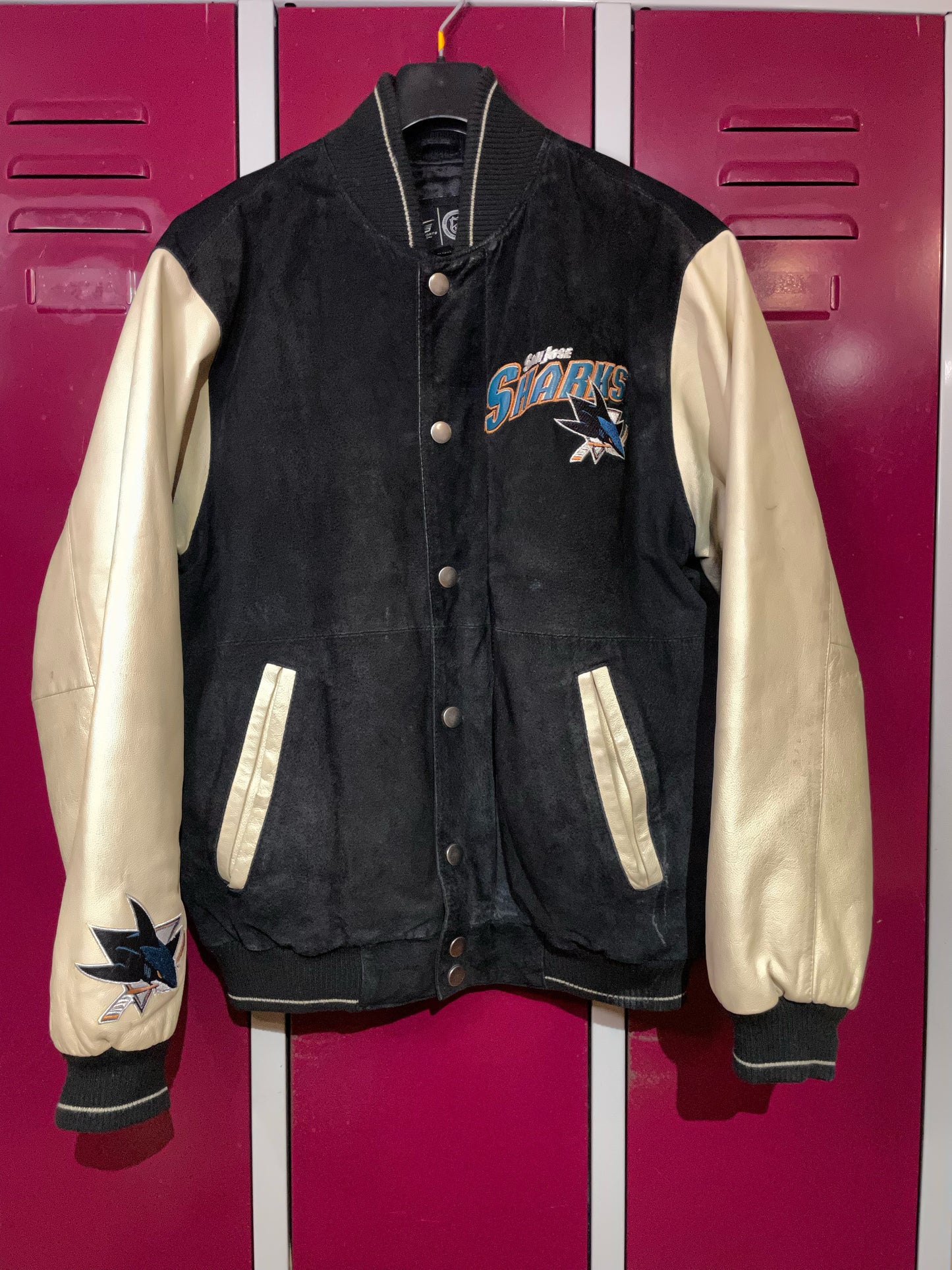 VINTAGE GIII SAN JOSE SHARKS NHL SUEDE & LEATHER VARSITY JACKET SZ: S