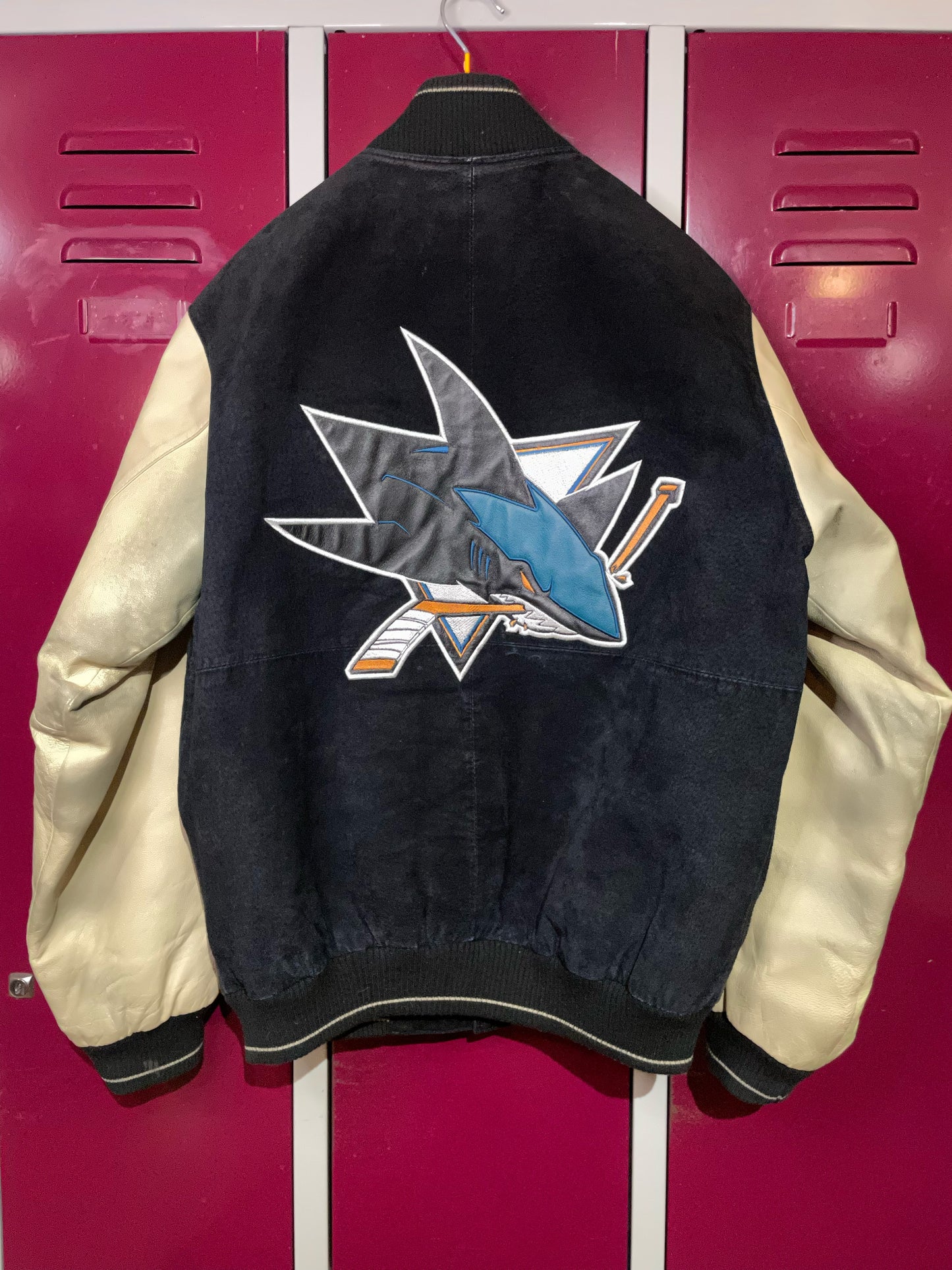 VINTAGE GIII SAN JOSE SHARKS NHL SUEDE & LEATHER VARSITY JACKET SZ: S