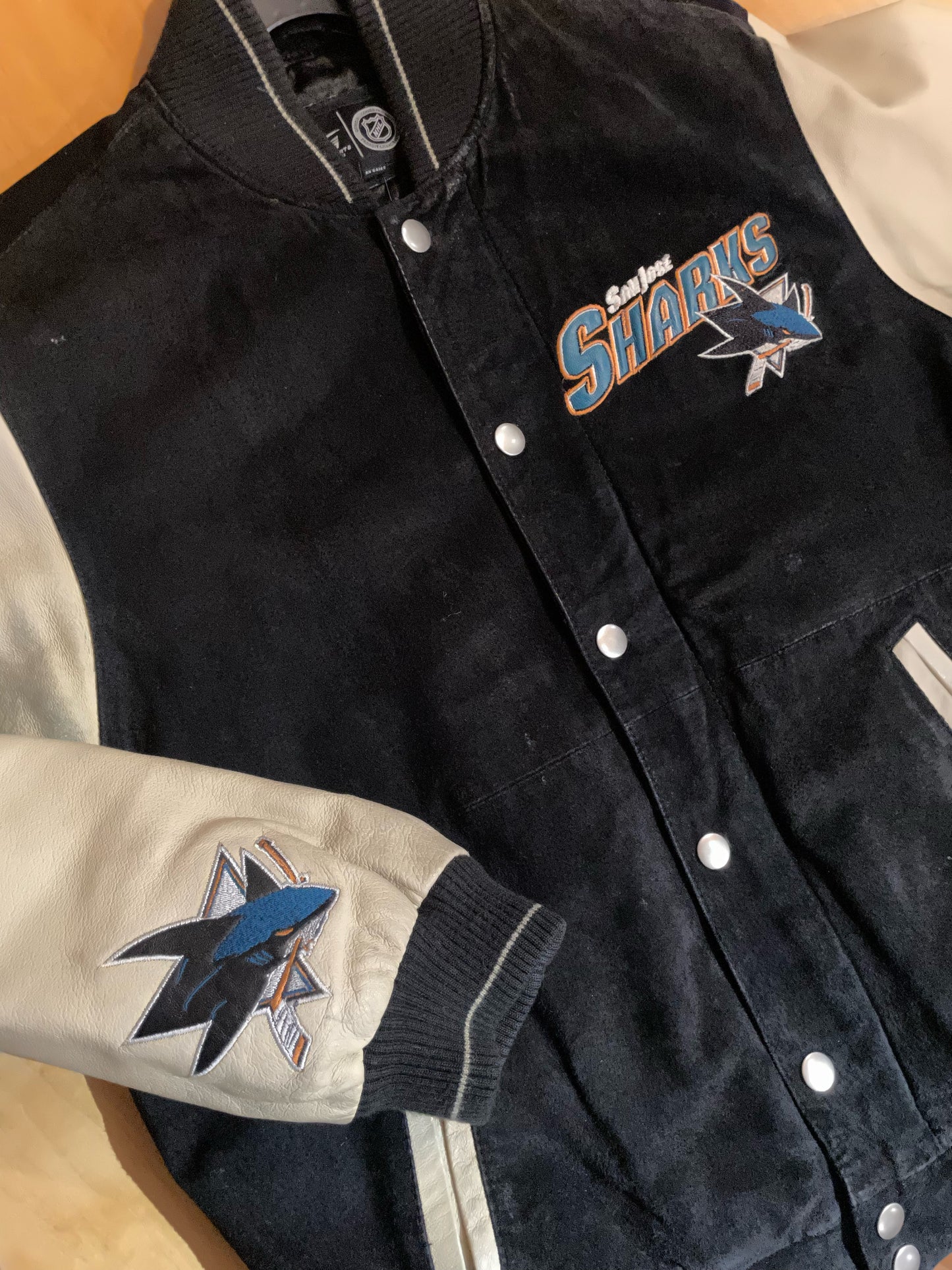 VINTAGE GIII SAN JOSE SHARKS NHL SUEDE & LEATHER VARSITY JACKET SZ: S
