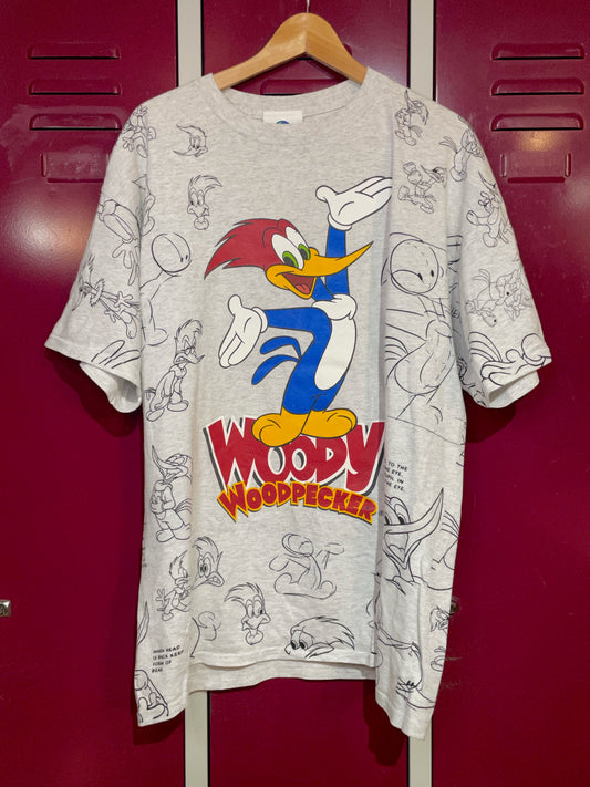 VINTAGE 00s WOODY WOODPECKER ALL OVER PRINT CARTOON T-SHIRT  SZ: XL
