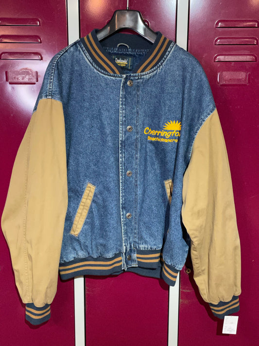 DUNBROOKE CHERRINGTON BEACHCLEANERS VINTAGE DENIM VARSITY JACKET SZ: L