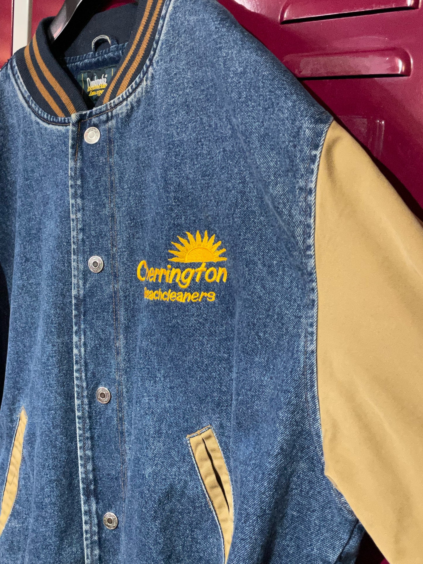 DUNBROOKE CHERRINGTON BEACHCLEANERS VINTAGE DENIM VARSITY JACKET SZ: L