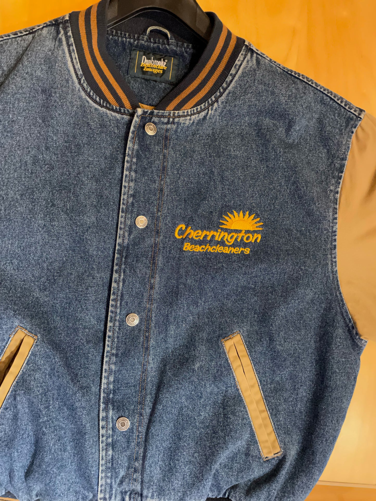 DUNBROOKE CHERRINGTON BEACHCLEANERS VINTAGE DENIM VARSITY JACKET SZ: L