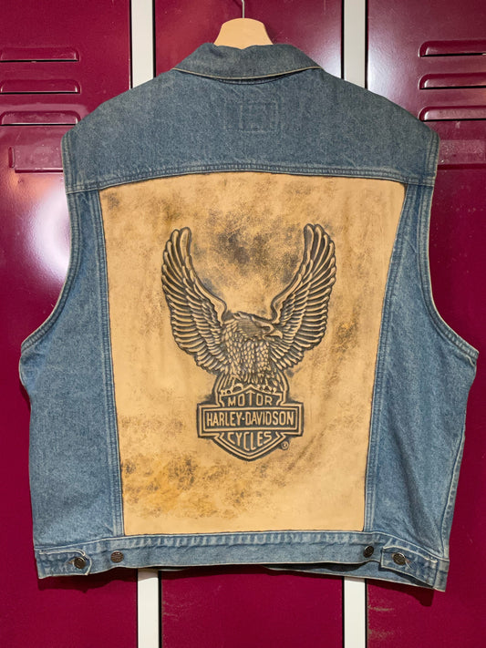HARLEY DAVIDSON VINTAGE LEATHER EMBOSSED INSERT DENIM VEST SZ: XL