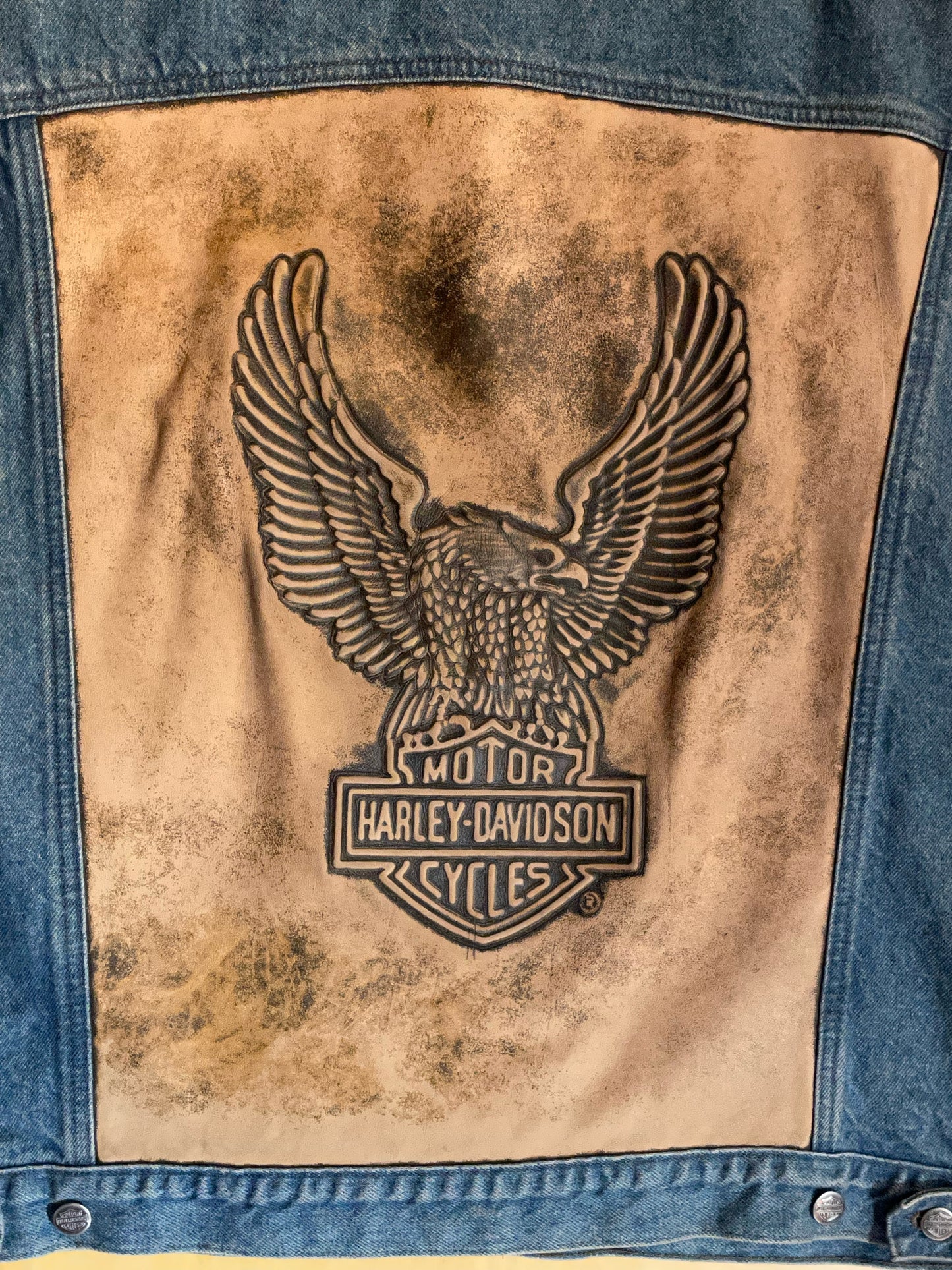 HARLEY DAVIDSON VINTAGE LEATHER EMBOSSED INSERT DENIM VEST SZ: XL