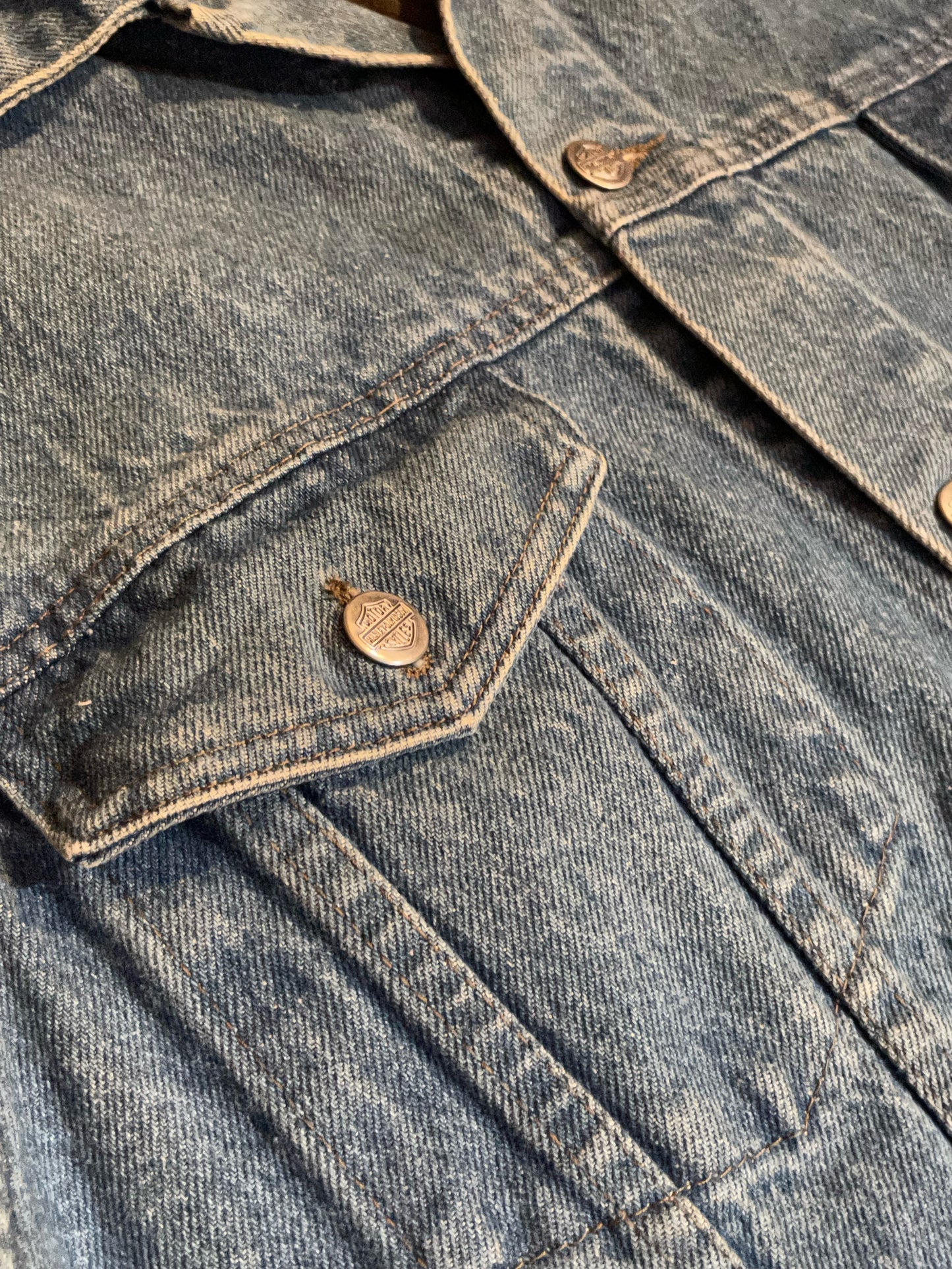 HARLEY DAVIDSON VINTAGE LEATHER EMBOSSED INSERT DENIM VEST SZ: XL