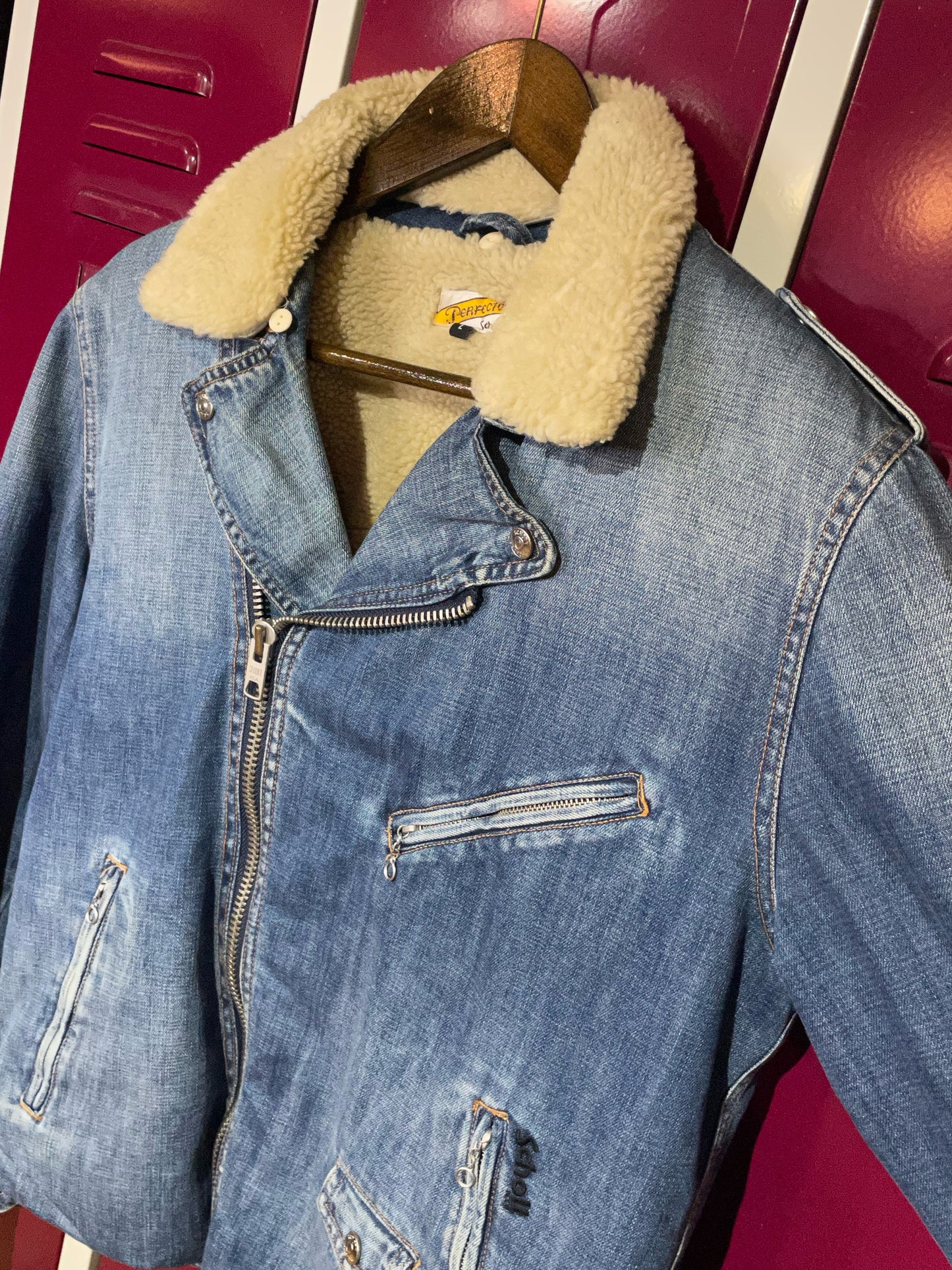 SCHOTT NYC PERFECTO SHERPA DENIM JACKET SZ: L