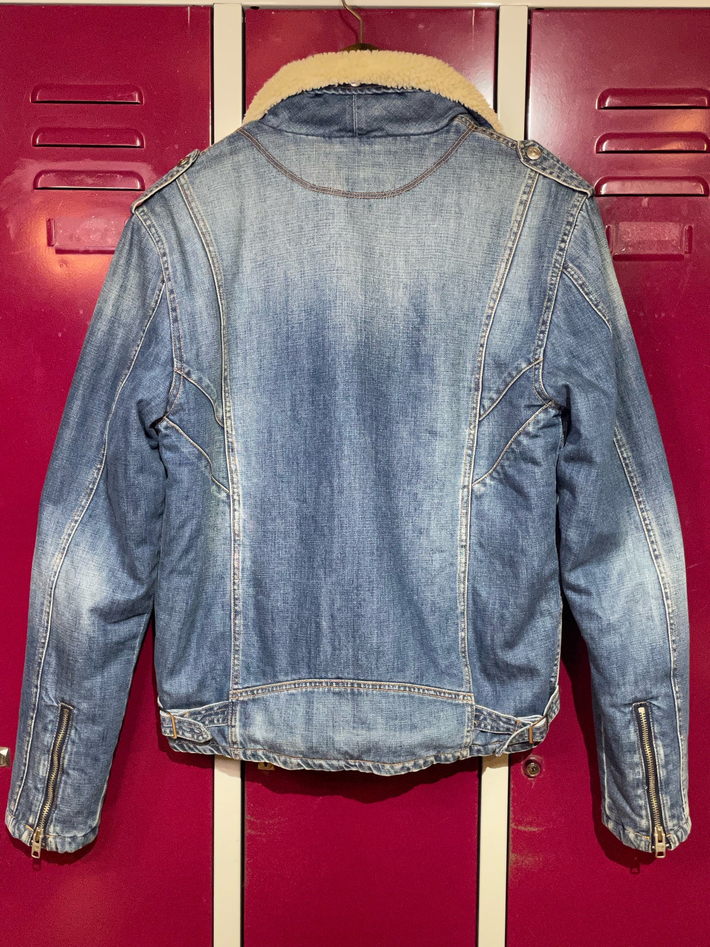 SCHOTT NYC PERFECTO SHERPA DENIM JACKET SZ: L