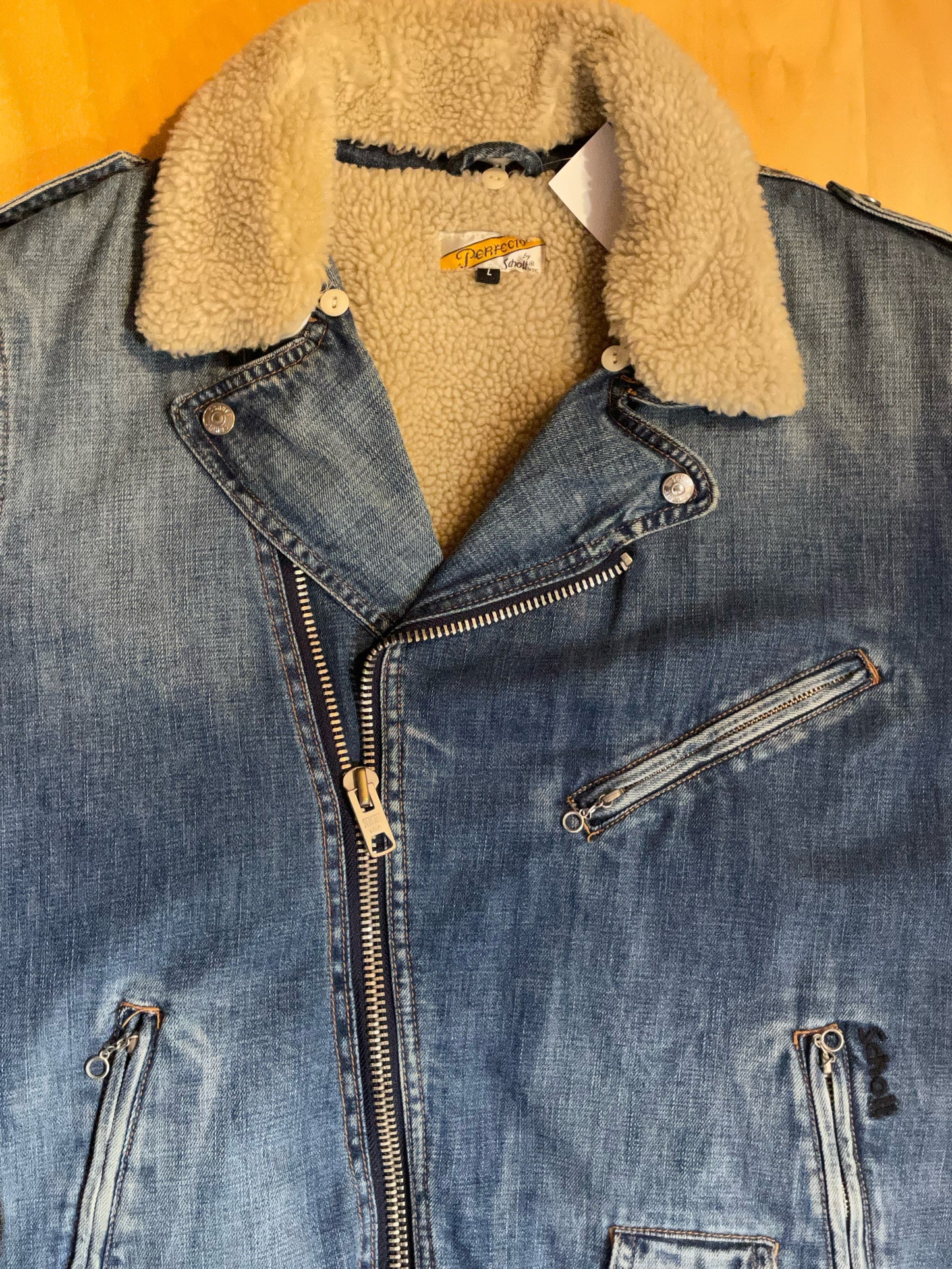 SCHOTT NYC PERFECTO SHERPA DENIM JACKET SZ: L