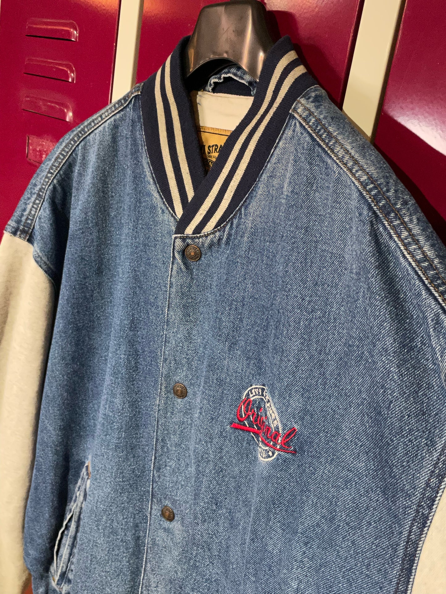 LEVI'S DENIM & COTTON SLEEVES VARSITY JACKET SZ: L