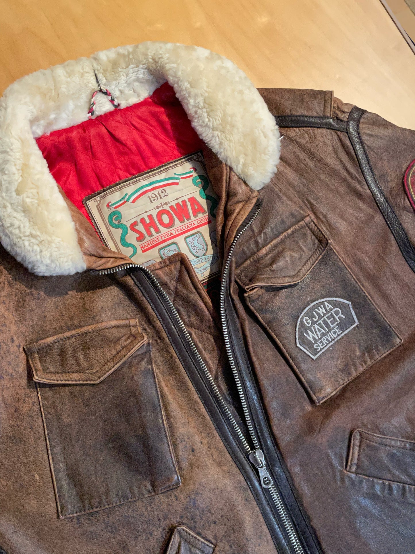 SHOWA VINTAGE PATCH LEATHER JACKET  SZ: 48=L