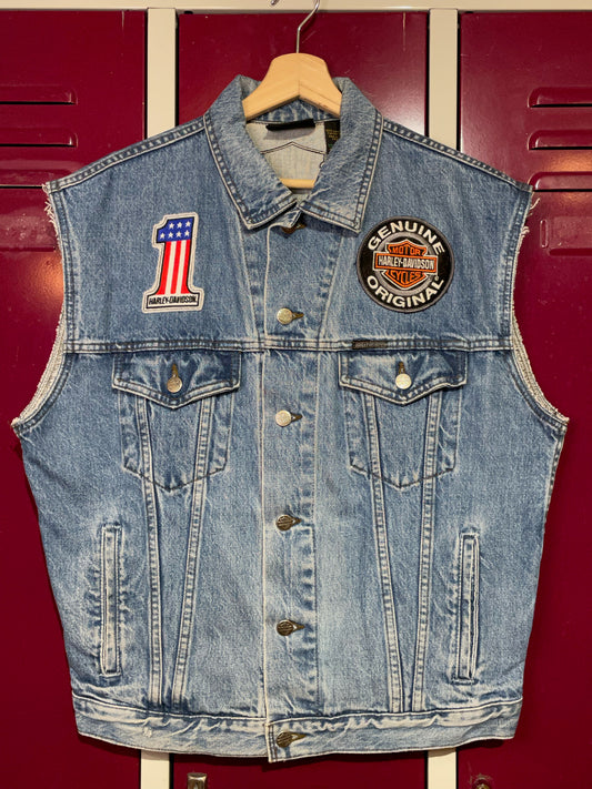 HARLEY DAVIDSON PATCHES TRUCKER DENIM VEST  SZ: M