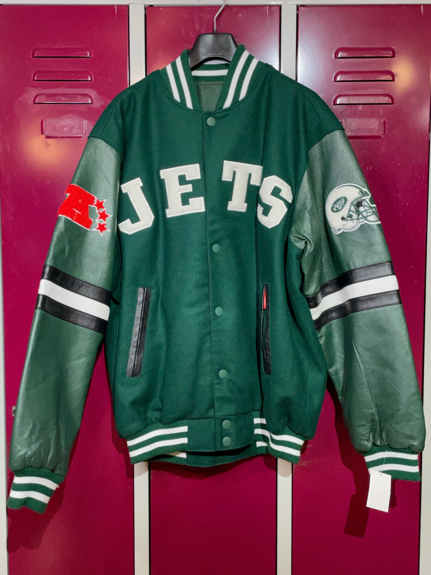 REVERSIBLE NEW YORK JETS NFL GIII VARSITY JACKET SZ: L
