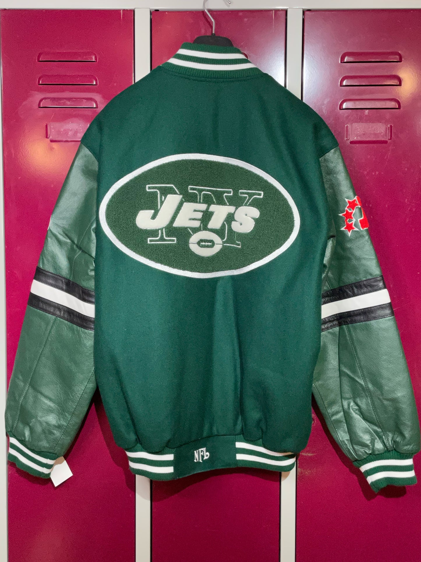 REVERSIBLE NEW YORK JETS NFL GIII VARSITY JACKET SZ: L