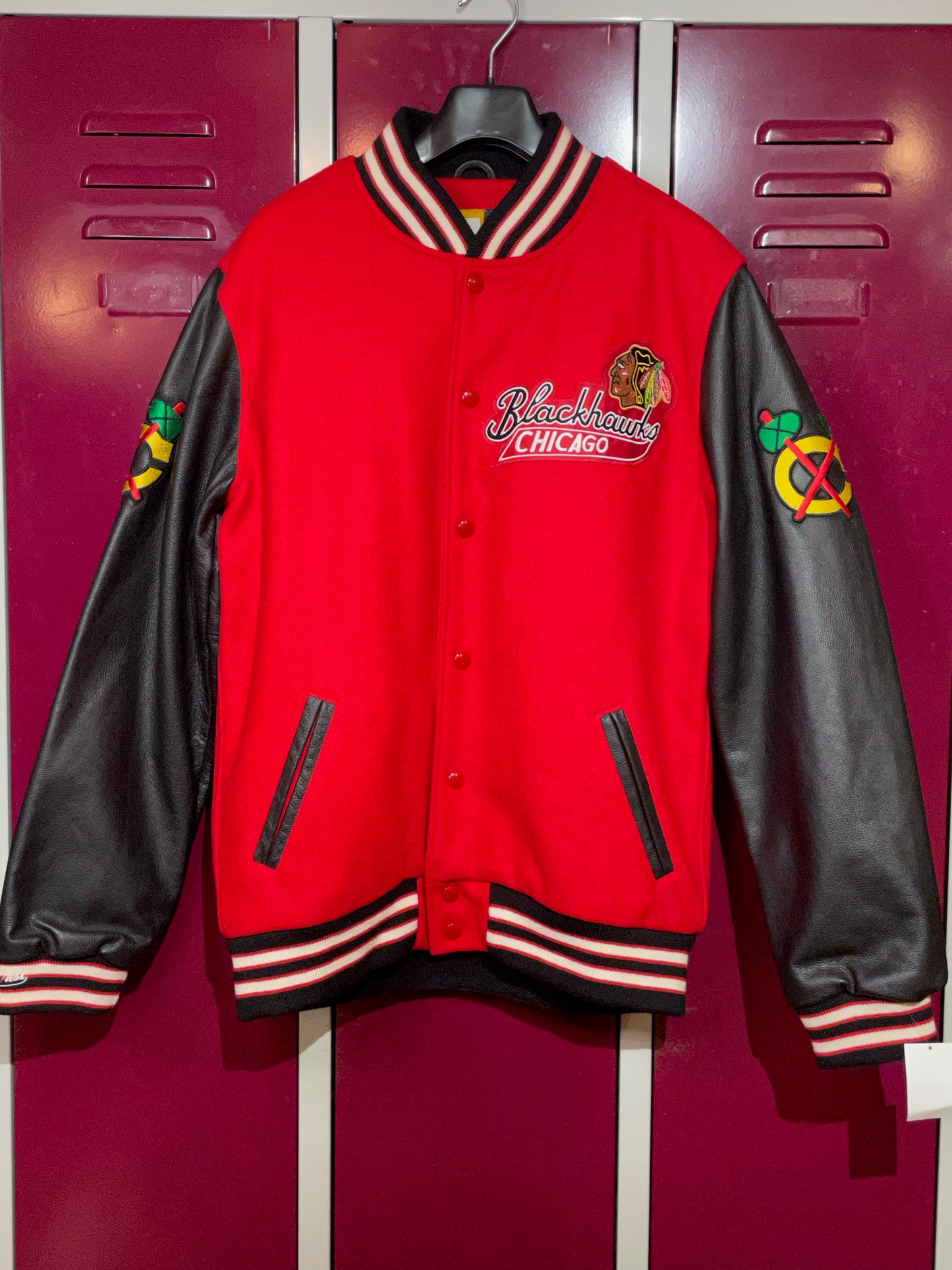 MITCHELL & NESS CHICAGO BLACKHAWKS NHL MADE IN USA VARSITY JACKET SZ: L