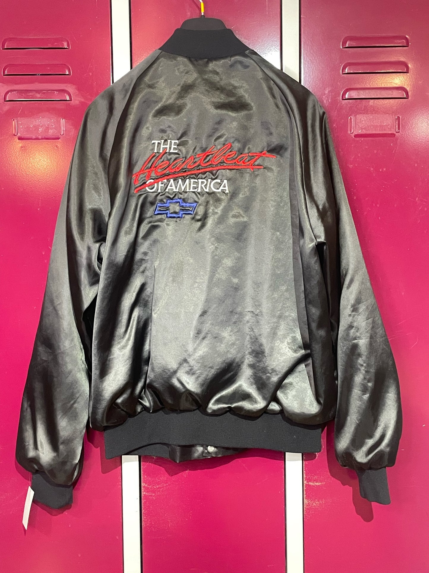 VINTAGE 80s CHEVROLET "THE HEARTBEAT OF AMERICA" MADE IN USA SATIN JACKET  SZ: L