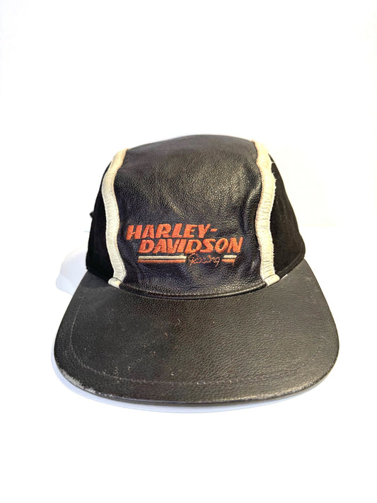 VINTAGE 90s HARLEY DAVIDSON GENUINE LEATHER MOTORCYCLE 3 PANEL STRAPBACK CAP HAT