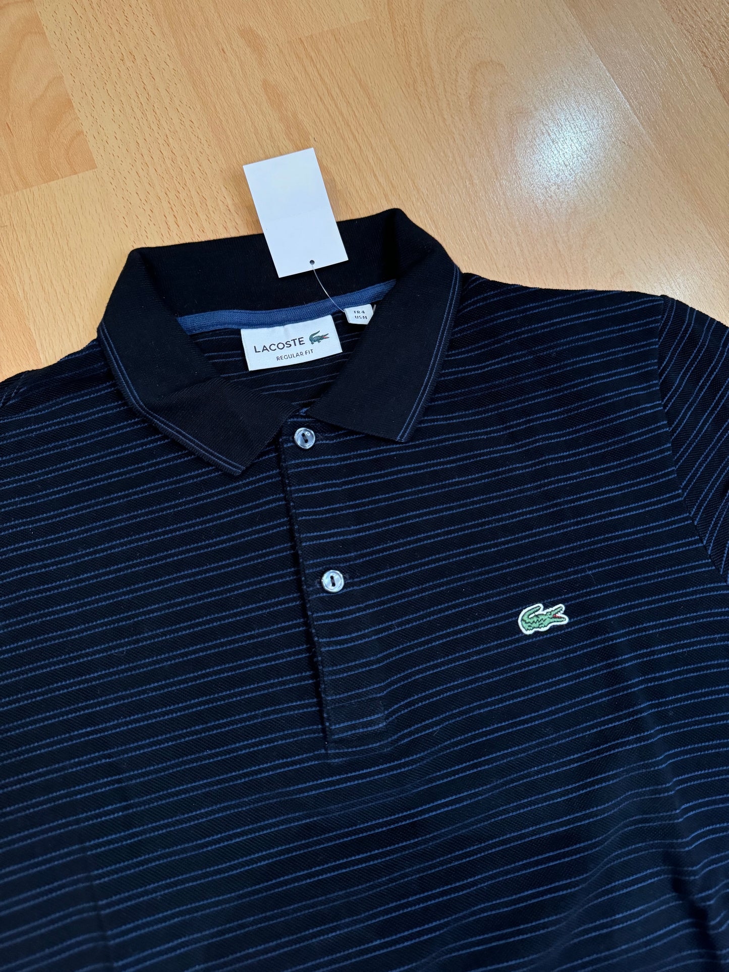 LACOSTE "BLACK, BLUE LIGNED" POLO SZ: 4 = L