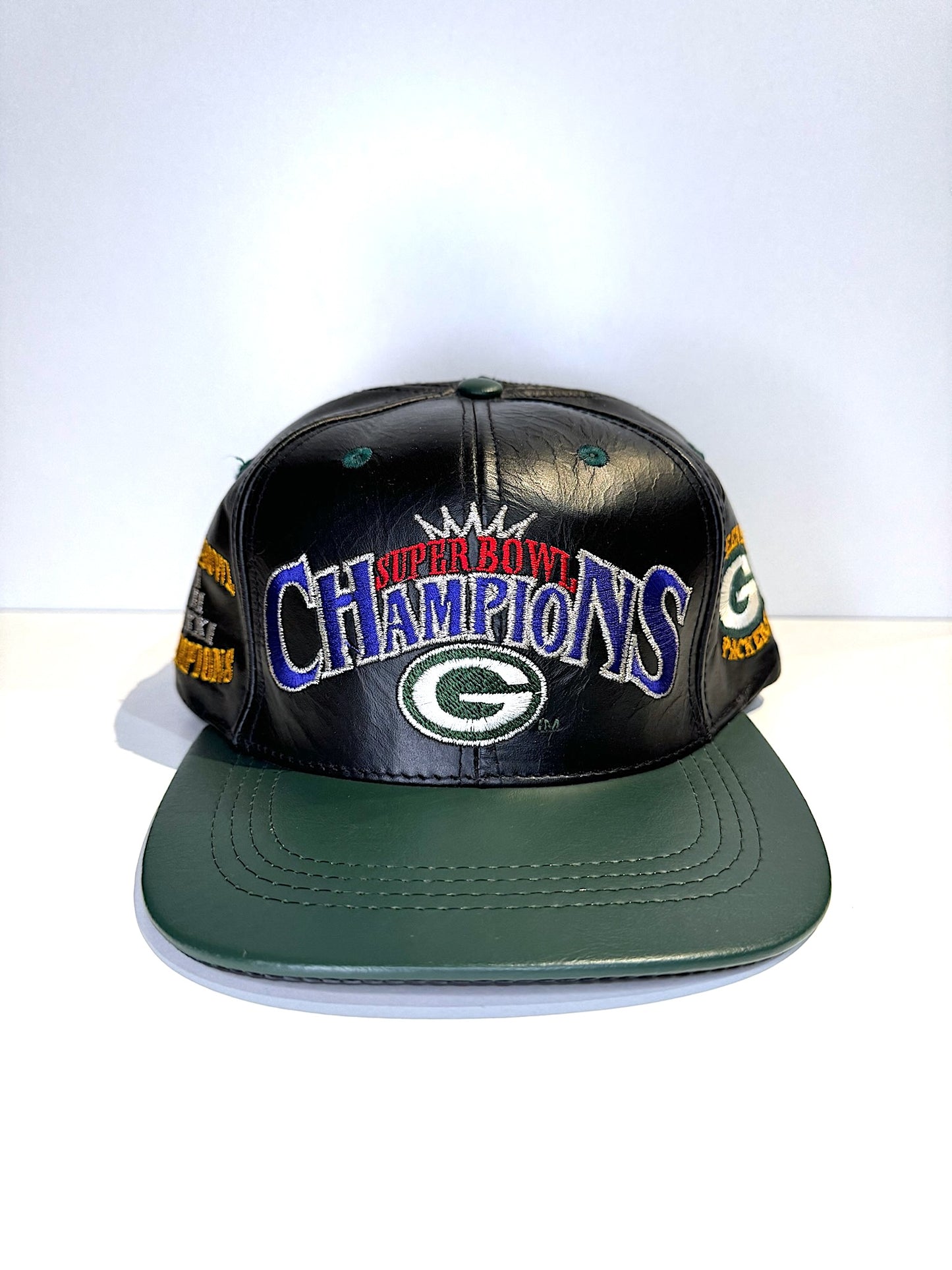 VINTAGE 90s GREEN BAY PACKERS MODERN "SUPER BOWL CHAMPIONS" GENUINE LEATHER SNAPBACK CAP HAT