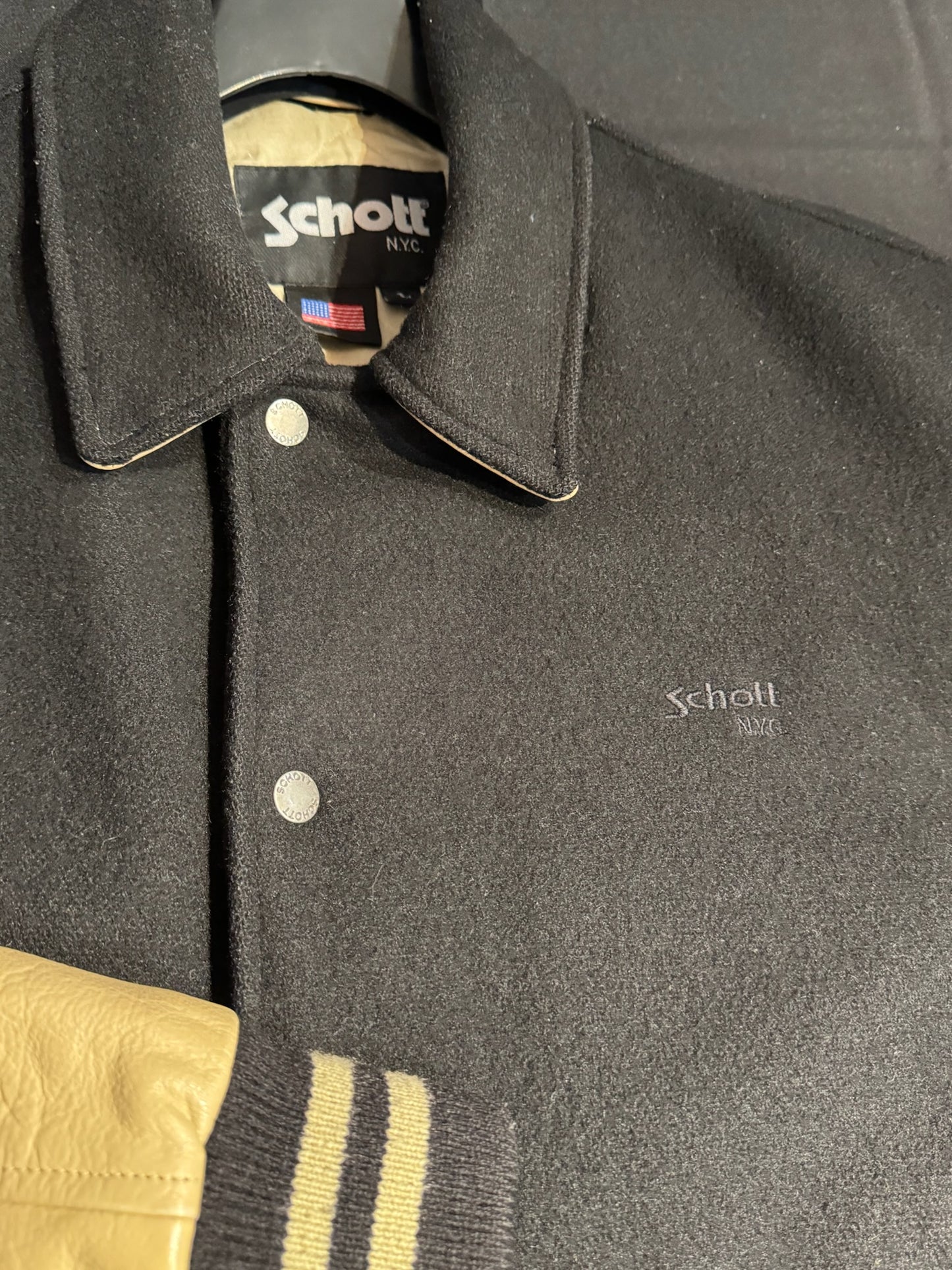 SCHOTT N.Y.C WOOL & LEATHER VARSITY JACKET SZ: L