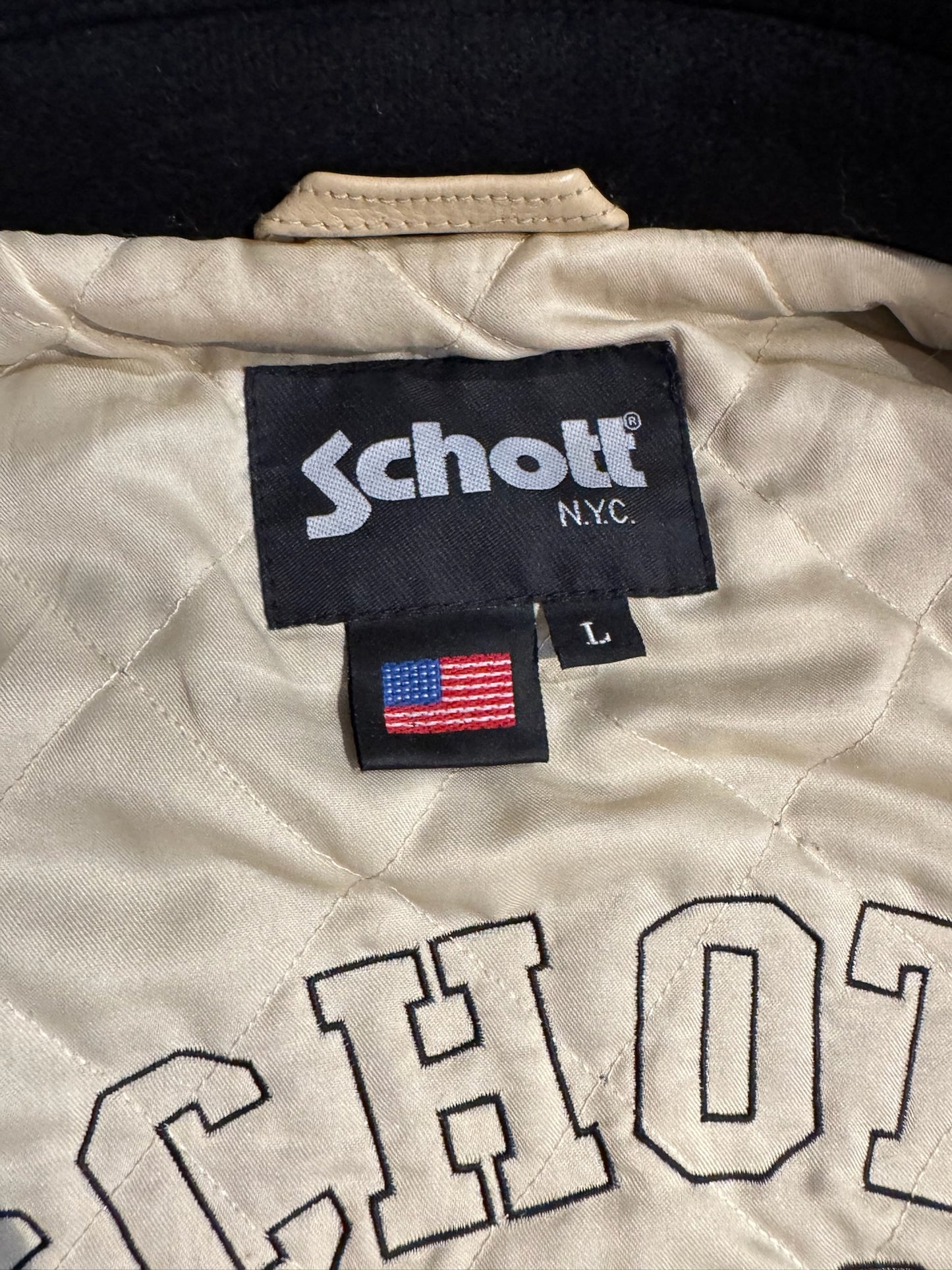 SCHOTT N.Y.C WOOL & LEATHER VARSITY JACKET SZ: L