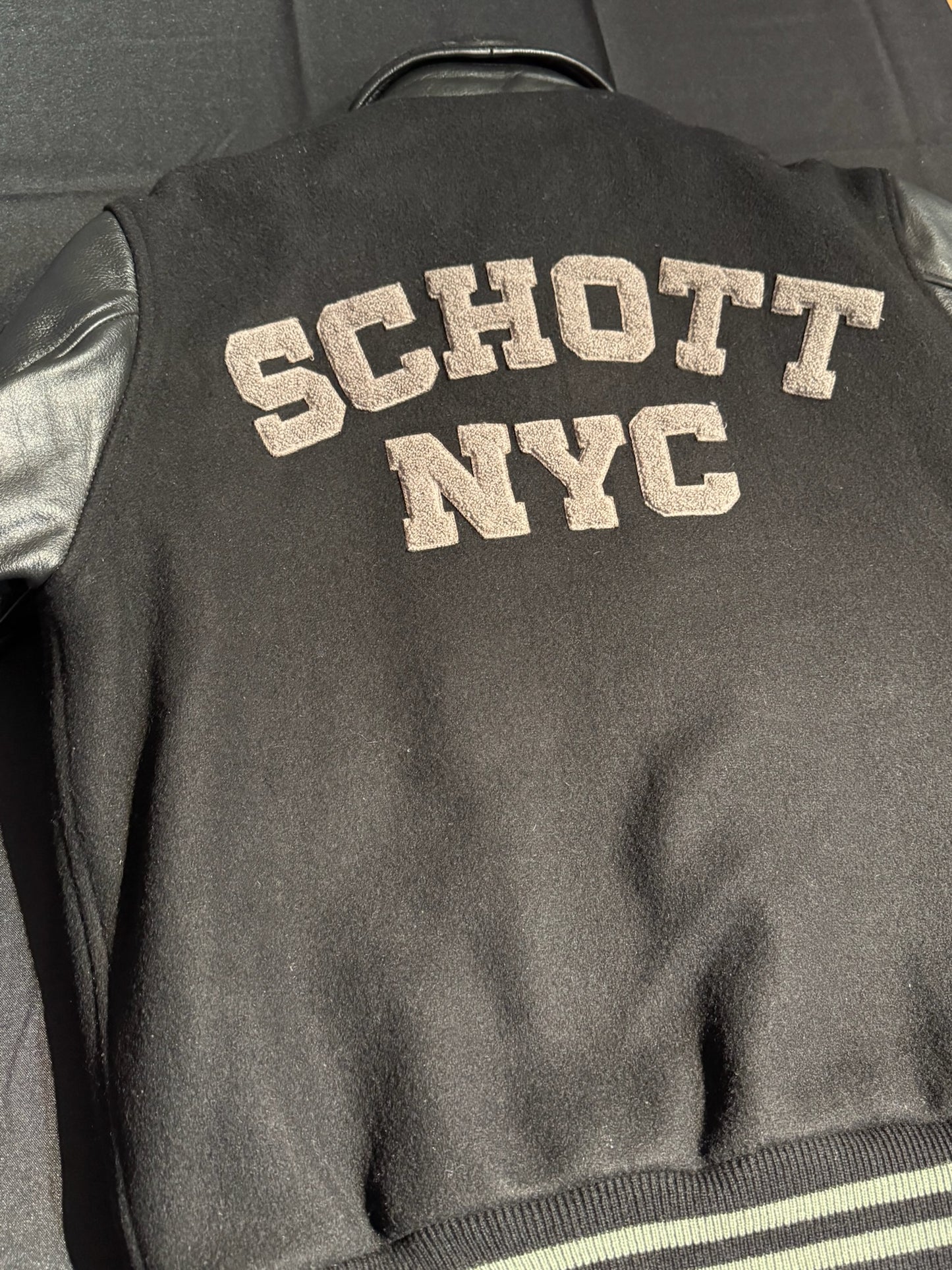 SCHOTT N.Y.C WOOL & LEATHER BLACK VARSITY JACKET SZ: L