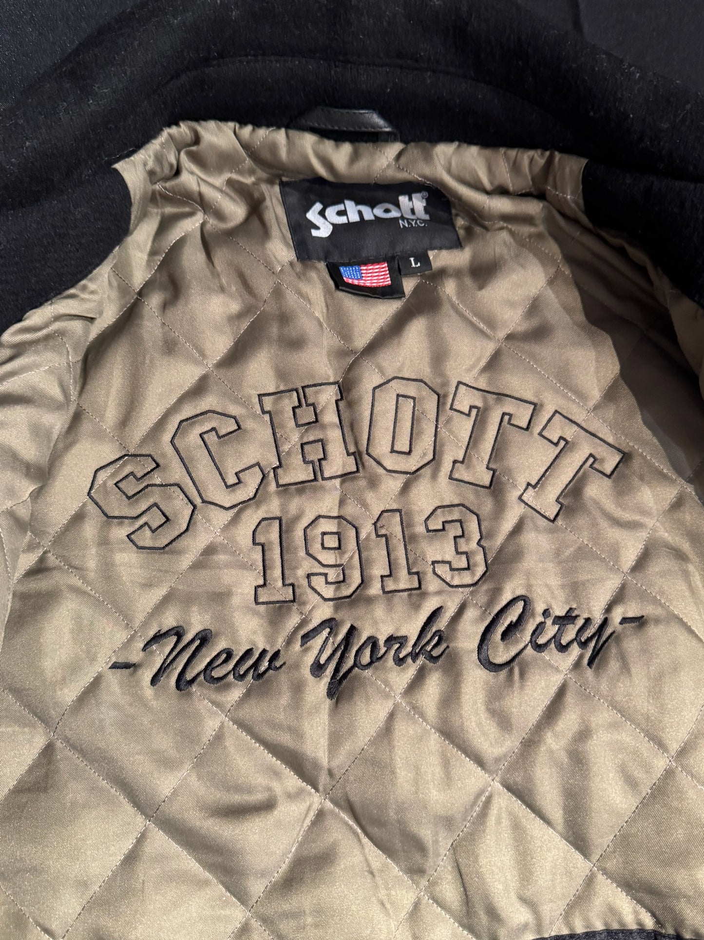 SCHOTT N.Y.C WOOL & LEATHER BLACK VARSITY JACKET SZ: L