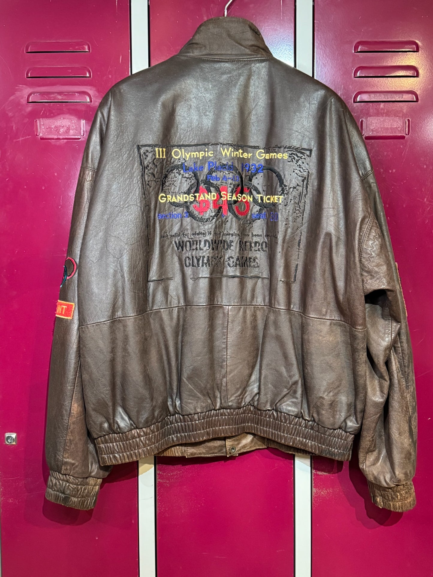 VINTAGE 1996 ADIDAS OLYMPIC "LAKE PLACID" 1932 LEATHER JACKET  SZ: L