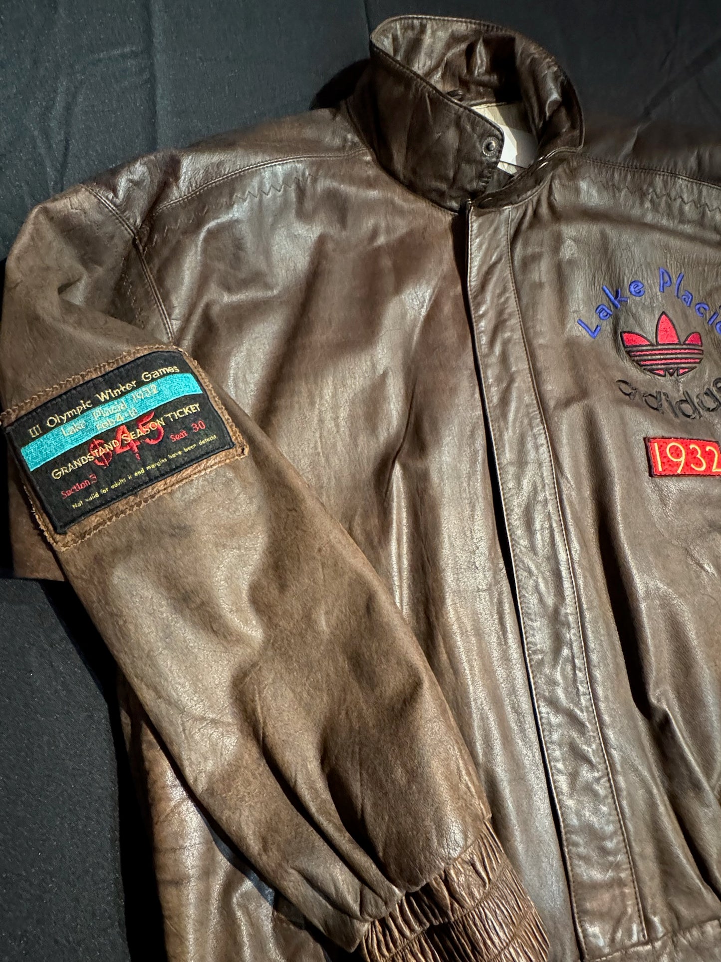 VINTAGE 1996 ADIDAS OLYMPIC "LAKE PLACID" 1932 LEATHER JACKET  SZ: L