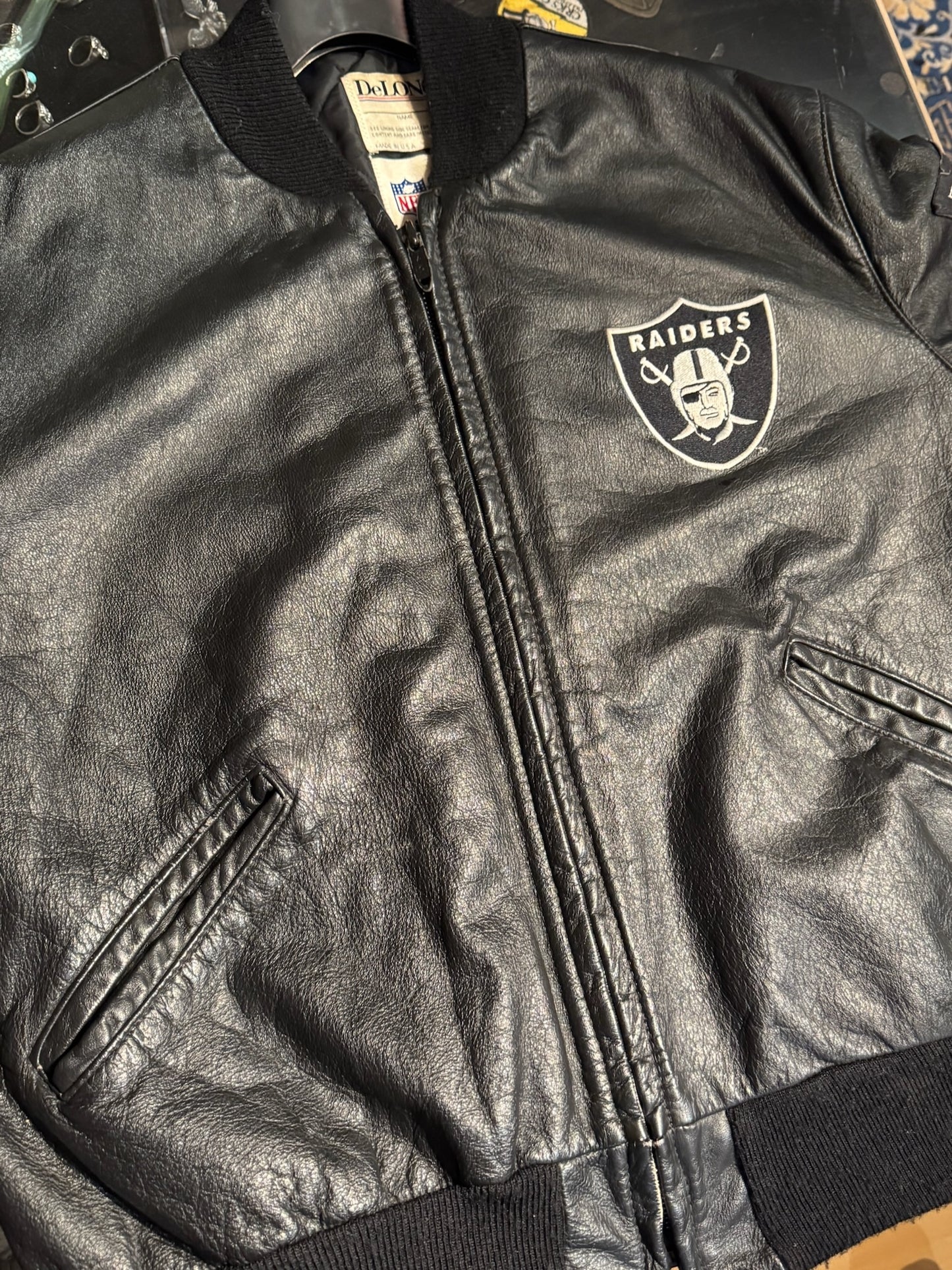 VINTAGE 90s LOS ANGELES RAIDERS DELONG VARSITY JACKET  SZ: 48