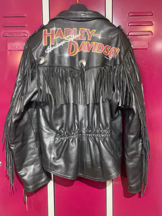 VINTAGE 90s HARLEY DAVIDSON "HERITAGE SOFTAIL" FRINGE LEATHER JACKET  SZ: XL