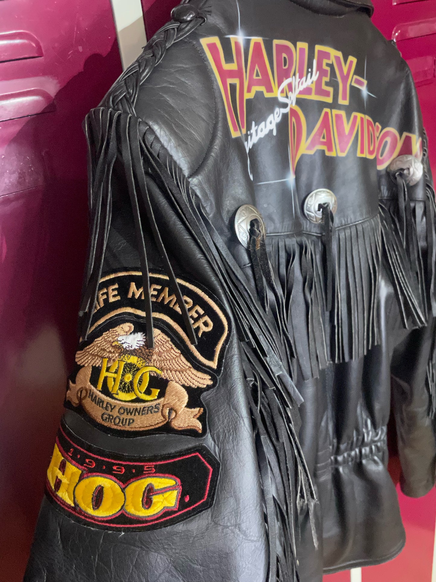 VINTAGE 90s HARLEY DAVIDSON "HERITAGE SOFTAIL" FRINGE LEATHER JACKET  SZ: XL