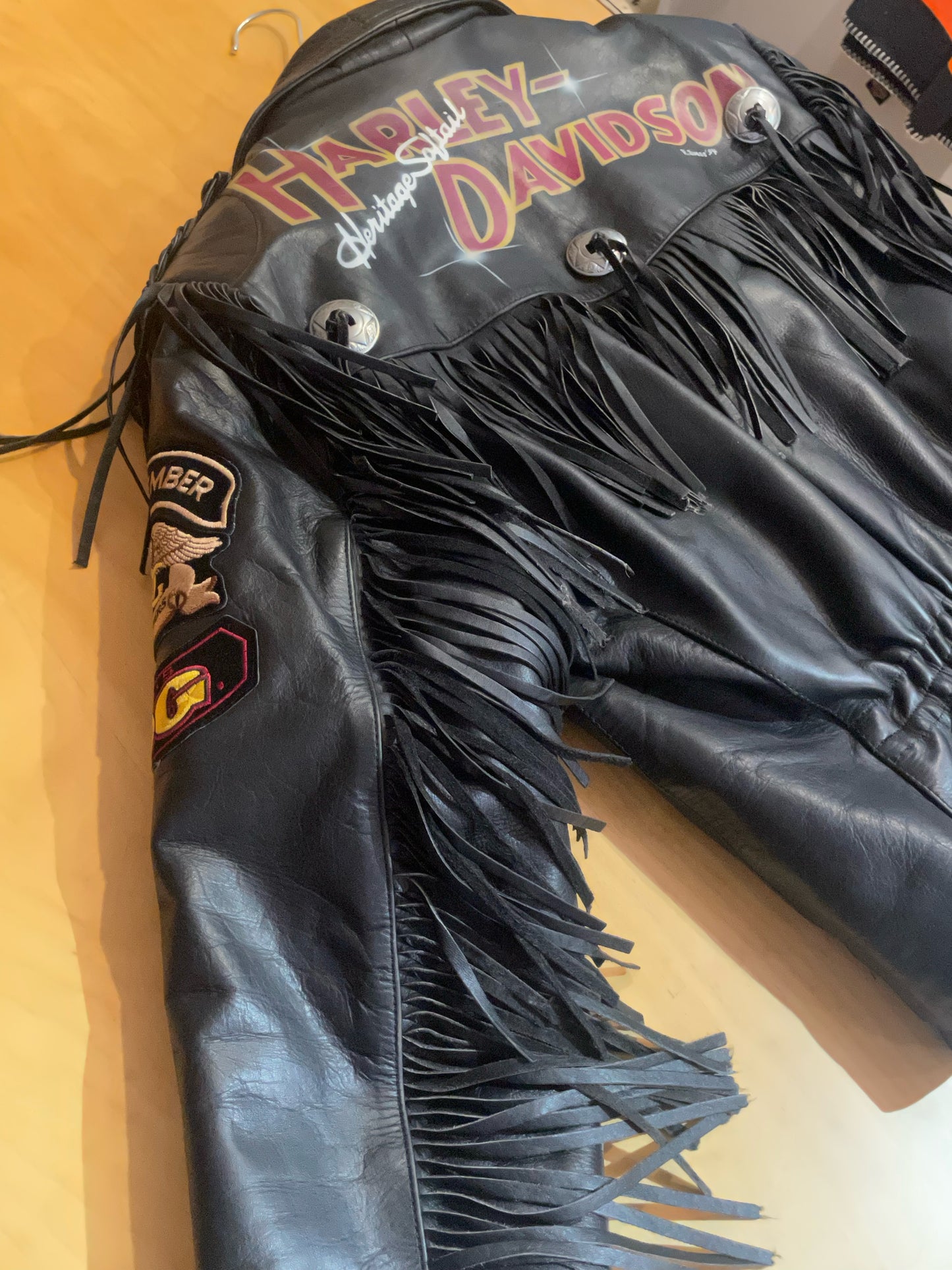 VINTAGE 90s HARLEY DAVIDSON "HERITAGE SOFTAIL" FRINGE LEATHER JACKET  SZ: XL